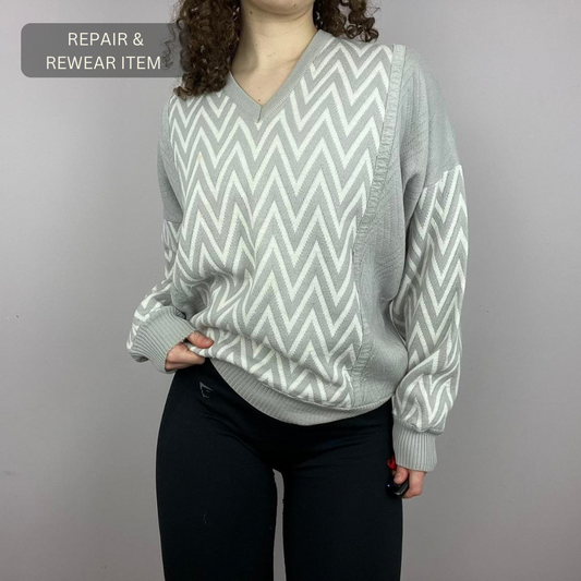 1980s Knitted Relaxed Zigzag Grandad Sweater - Repair & Re-wear Item