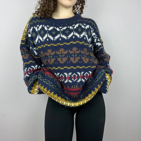 1980s Knitted Relaxed Patterned Grandad Sweater - Multi