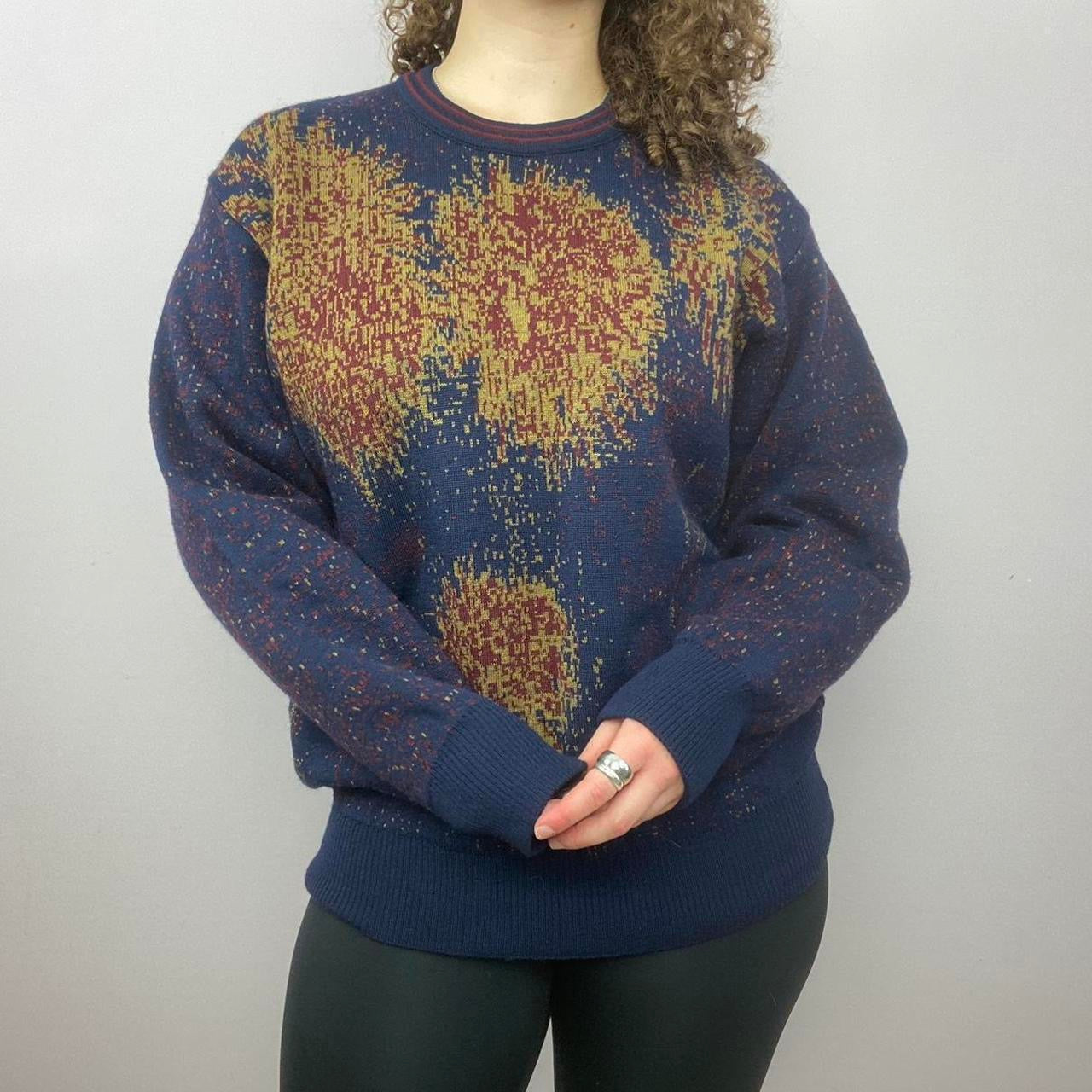 1980s Knitted Relaxed Patterned Grandad Sweater - Blue