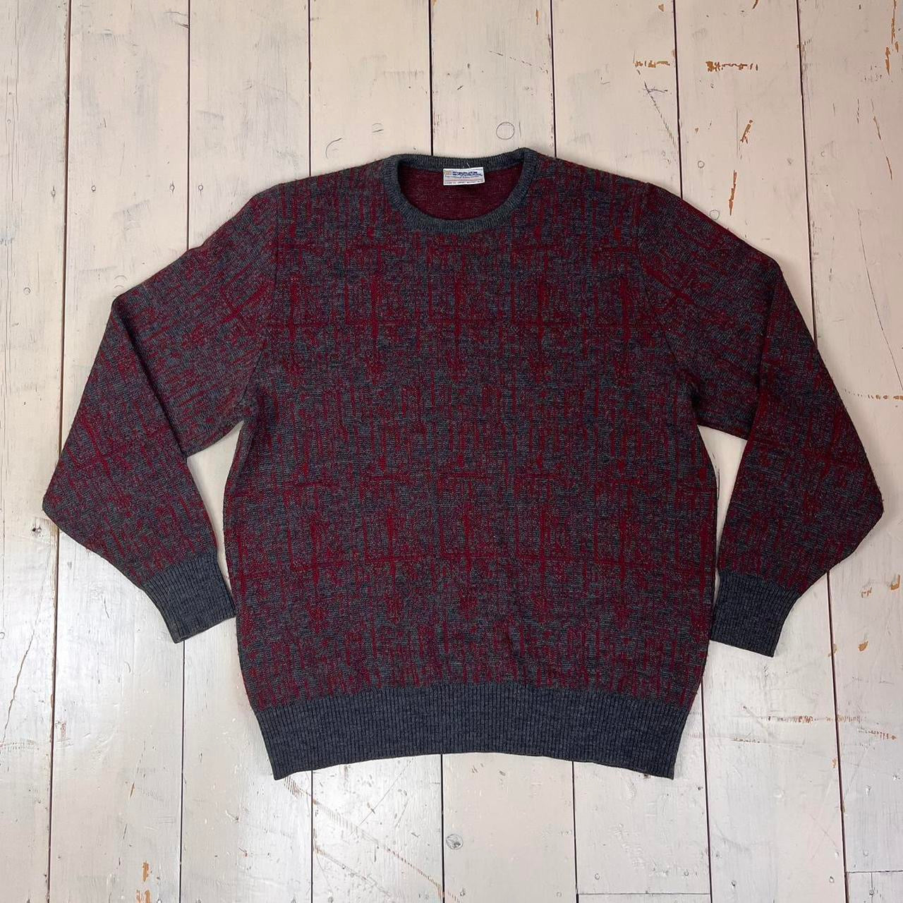 1980s Knitted Relaxed Geometric Grandad Sweater - Red