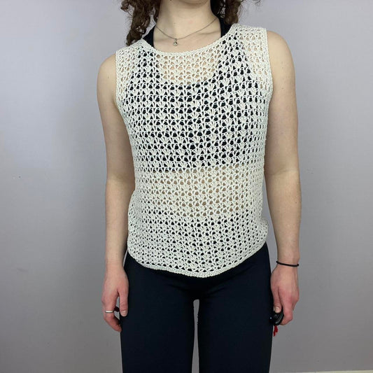 1960s Handmade Knitted Tank Top - White/Gold