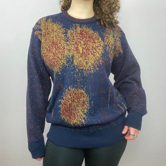 1980s Knitted Relaxed Patterned Grandad Sweater - Blue