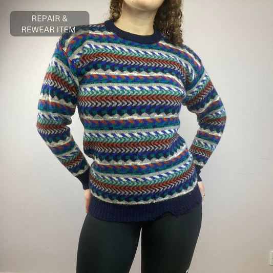 1970s Knitted Summit Sports Patterned Grandad Sweater - Repair & Re-wear Item