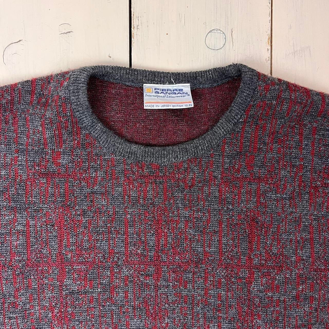 1980s Knitted Relaxed Geometric Grandad Sweater - Red