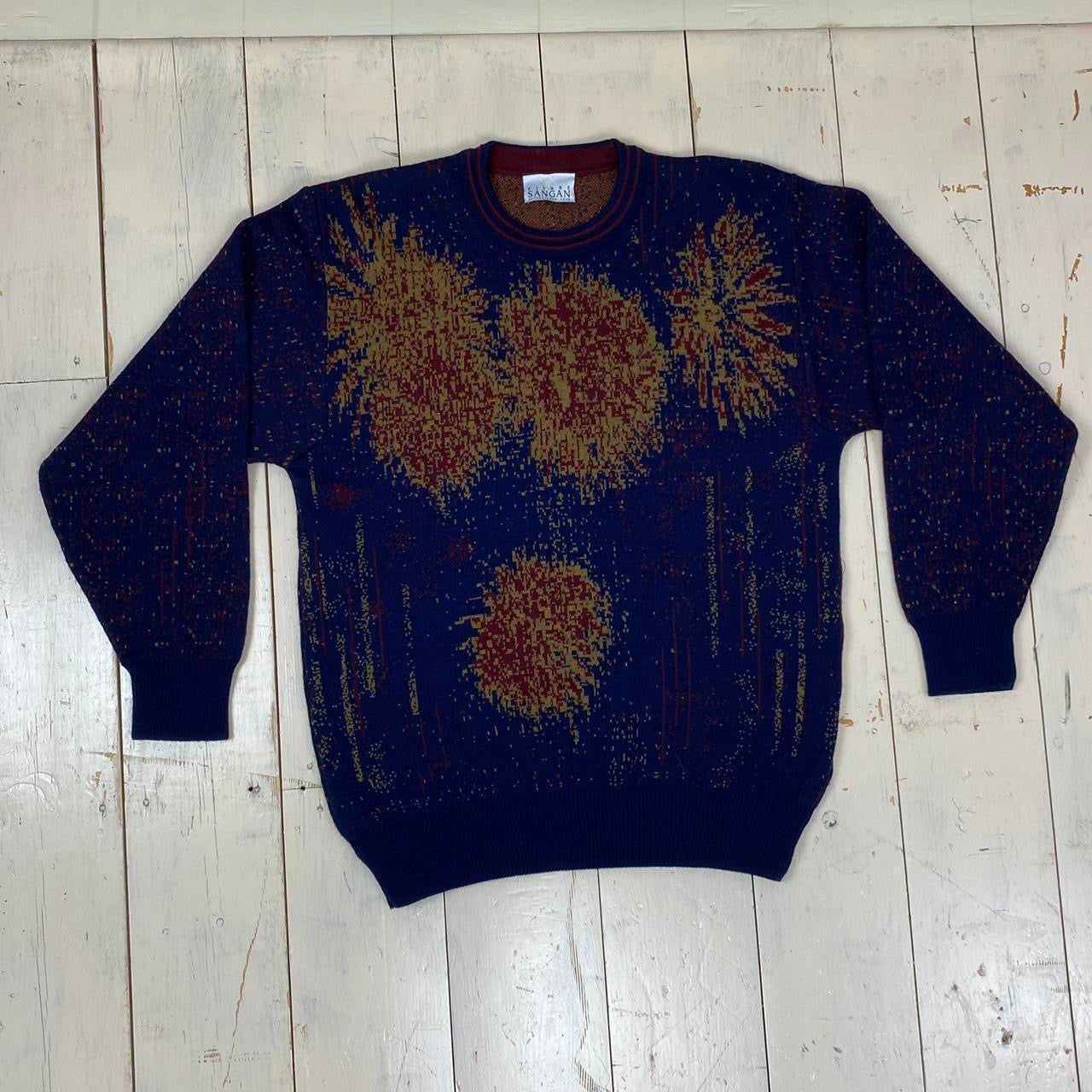 1980s Knitted Relaxed Patterned Grandad Sweater - Blue