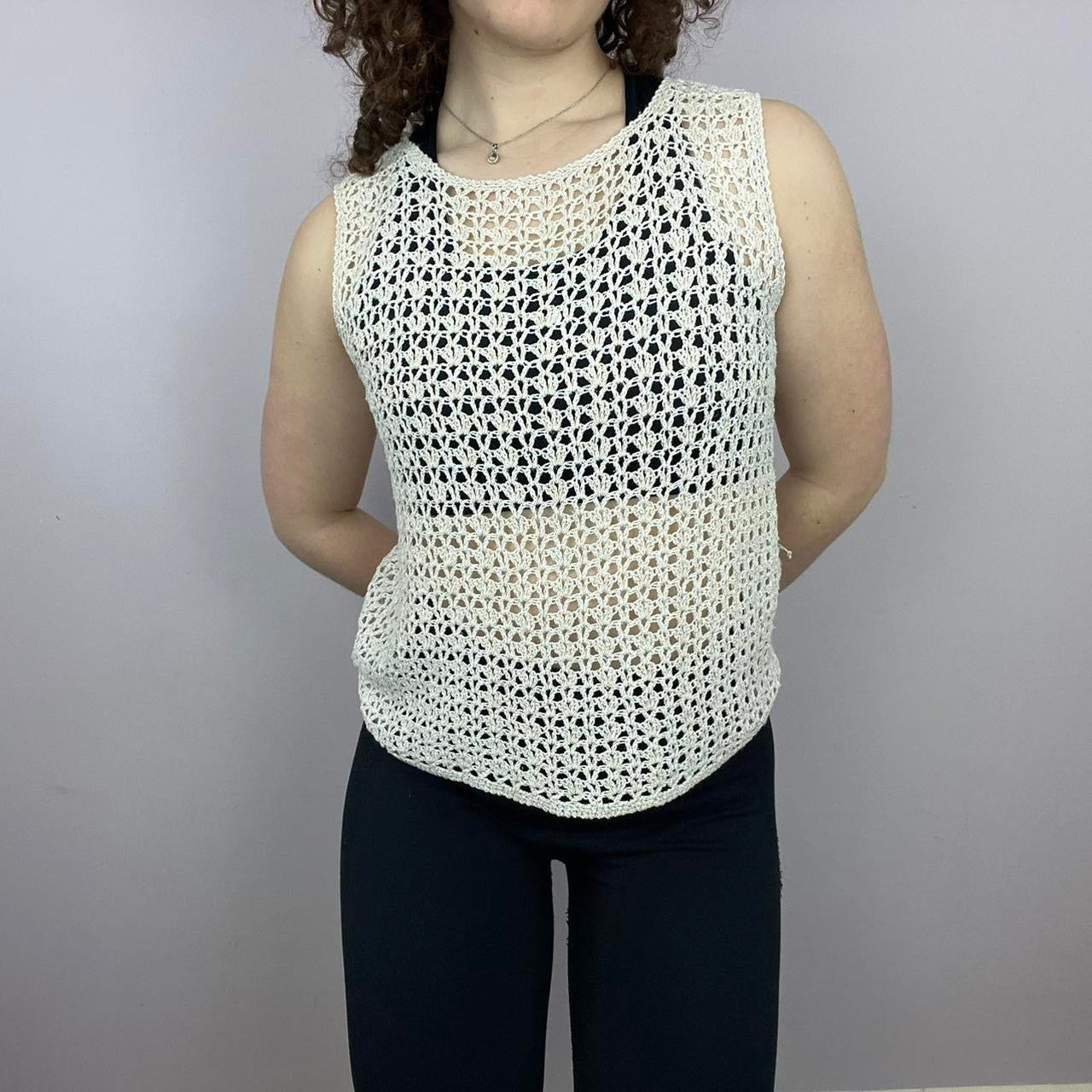 1960s Handmade Knitted Tank Top - White/Gold