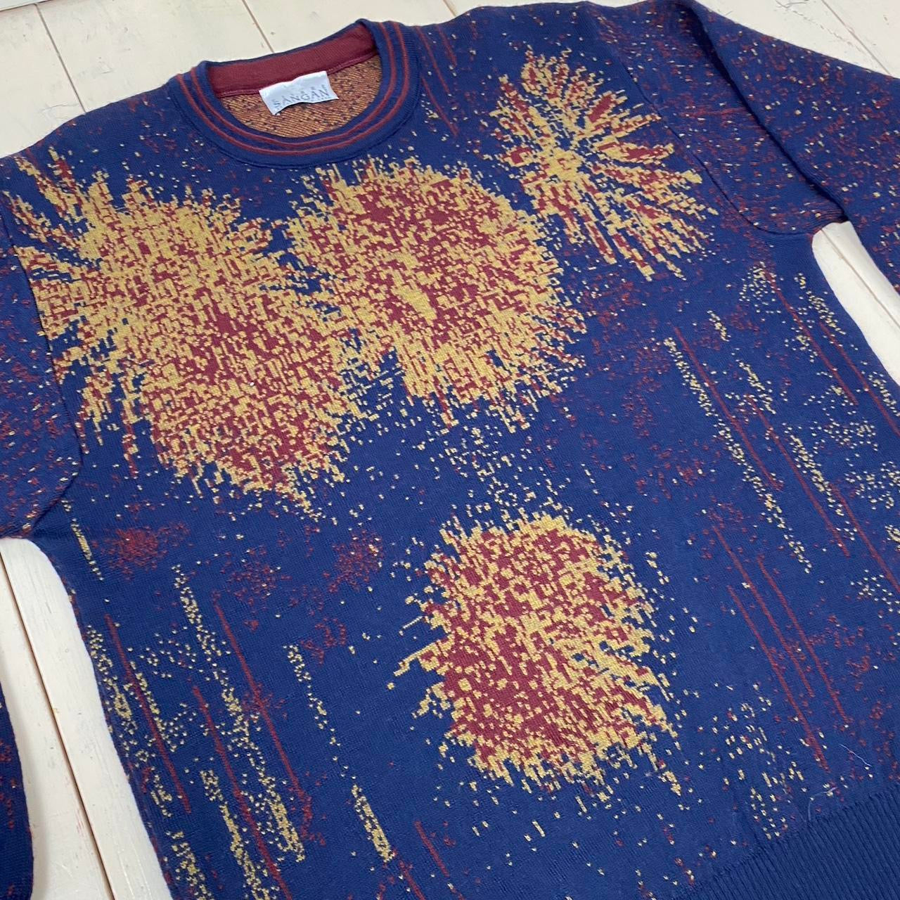 1980s Knitted Relaxed Patterned Grandad Sweater - Blue