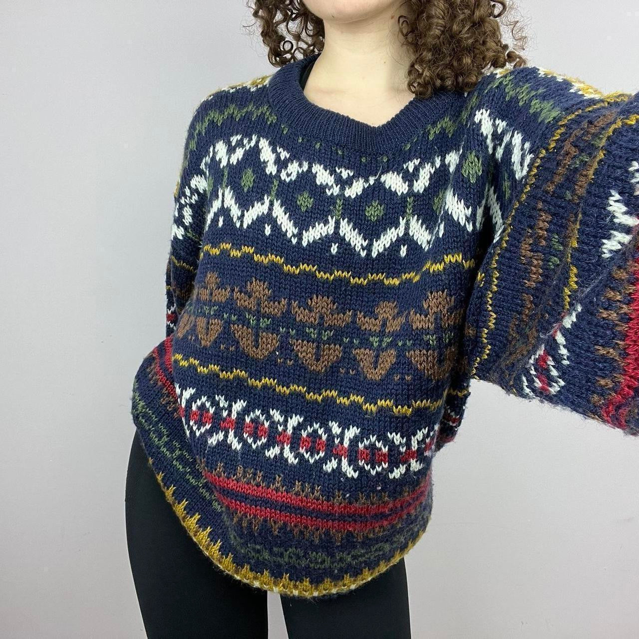 1980s Knitted Relaxed Patterned Grandad Sweater - Multi